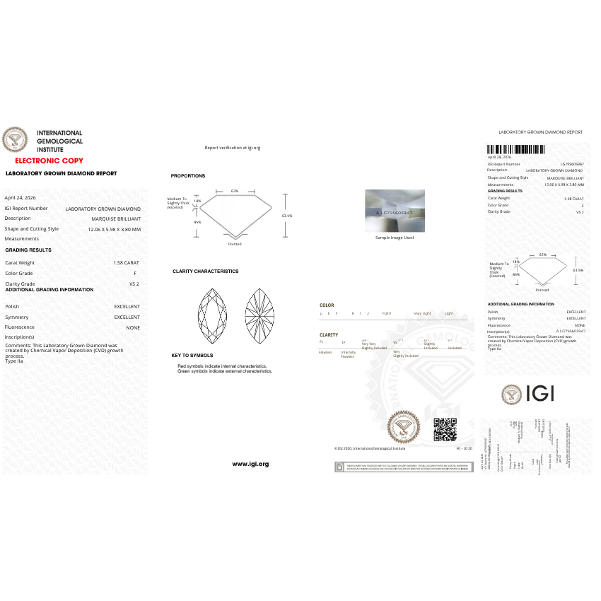 1.58 Carat Marquise Lab Grown Diamond – F Color VS2 Clarity