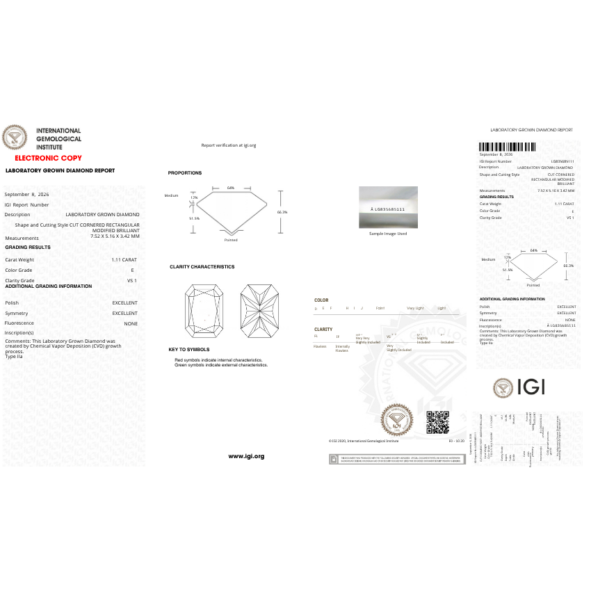 Mirano Jewels 1.11 Carat E Color VS1 Clarity IGI Certified Radiant Lab Grown Loose Diamond