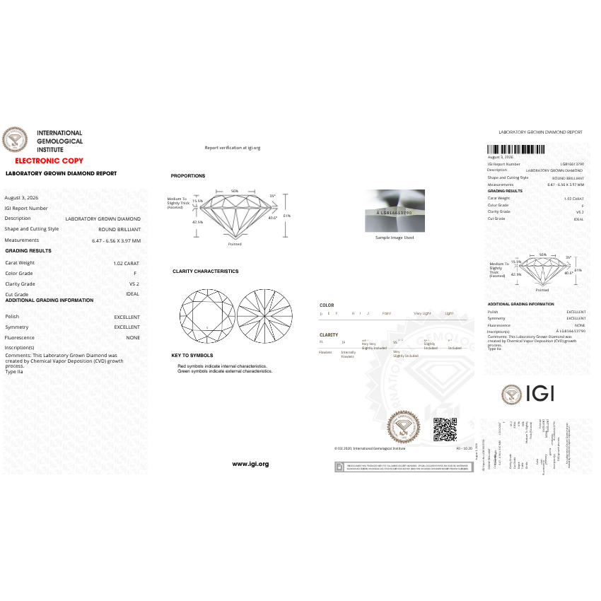 1.02 Carat Round Lab Grown Diamond – F Color VS2 Clarity Loose Diamond