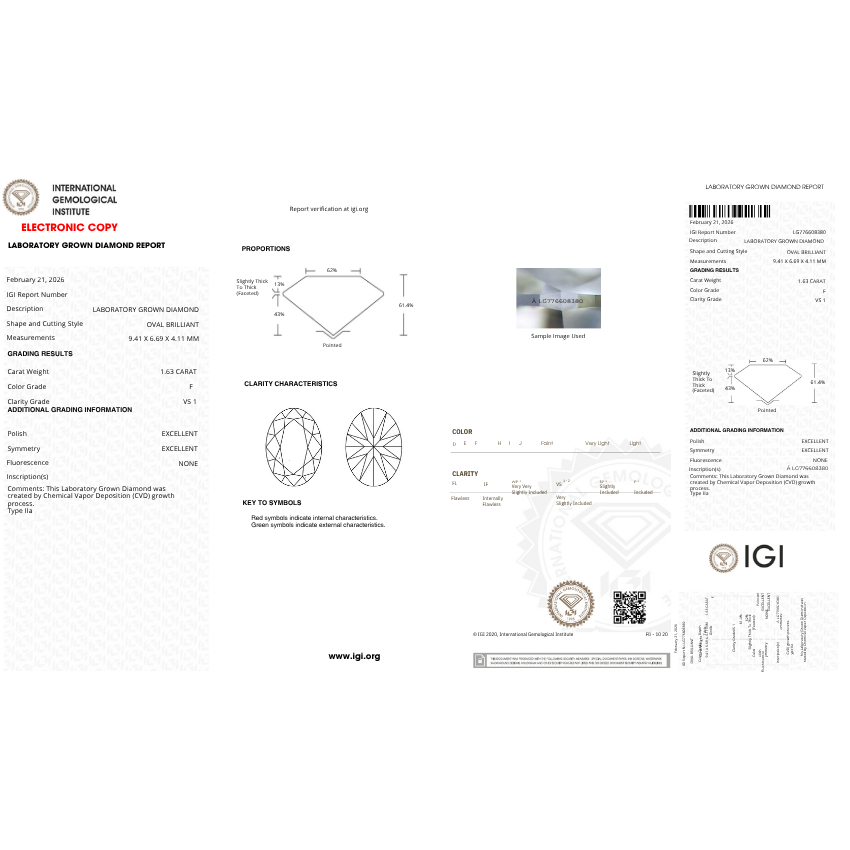 1.63 Carat Oval Lab Grown Diamond – F Color VS1 Clarity