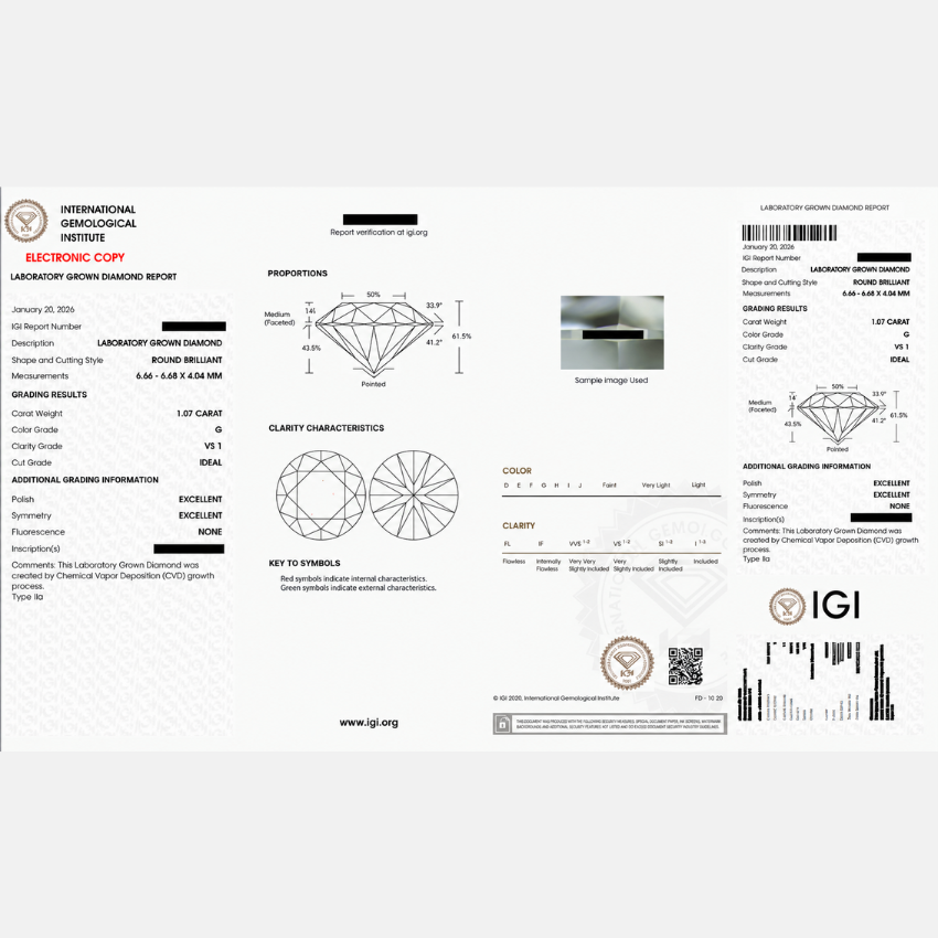 1.07 Carat Round Lab Grown Diamond – G Color VS1 Clarity