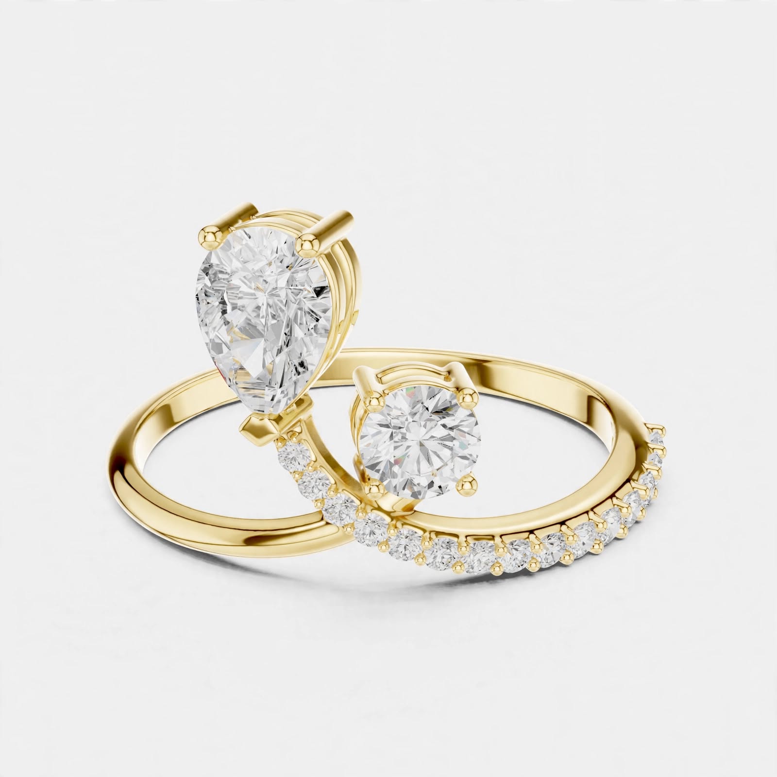 0.89CT Pear & Round Lab Grown Diamond Bridal Ring In 14K Gold