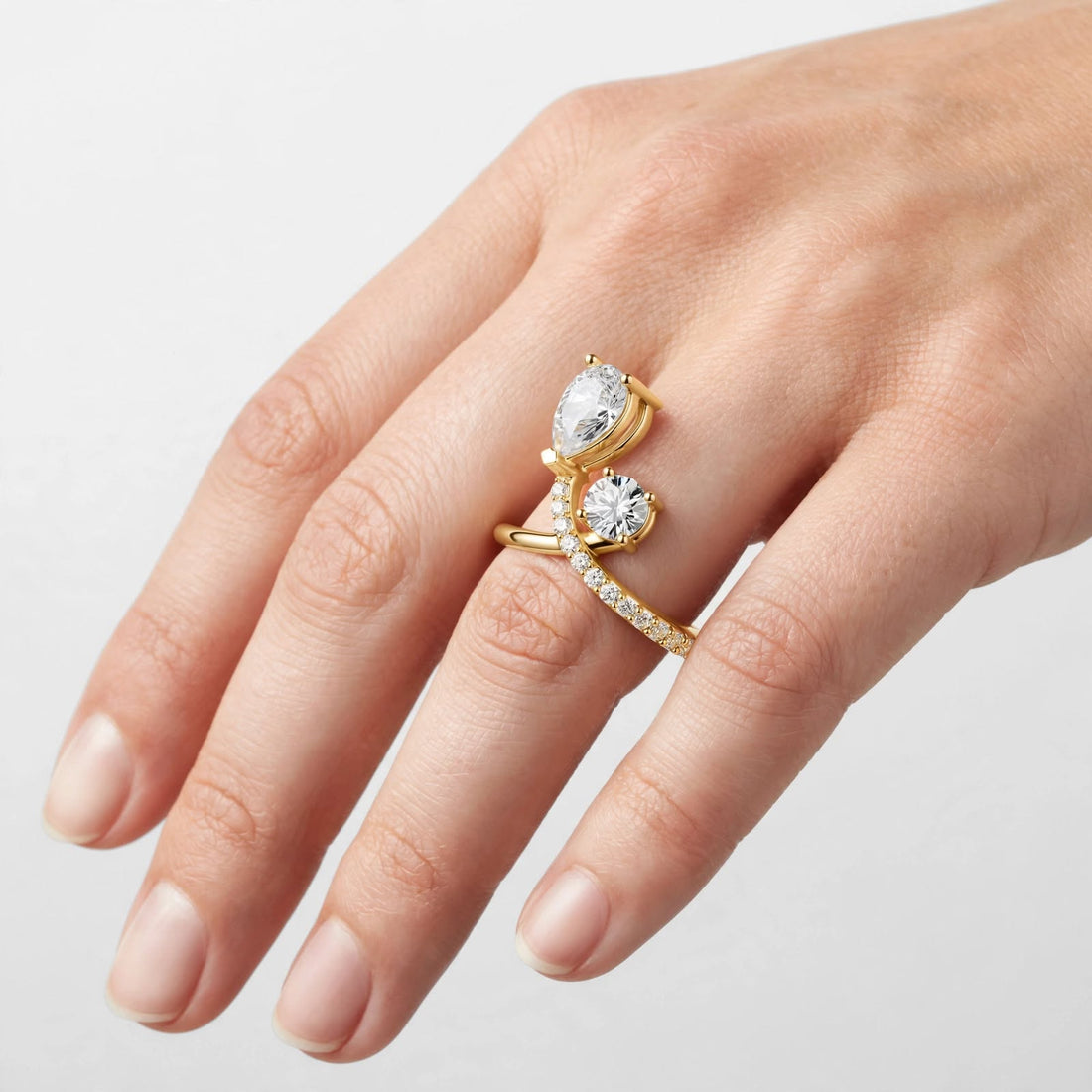 0.89CT Pear & Round Lab Grown Diamond Bridal Ring In 14K Gold