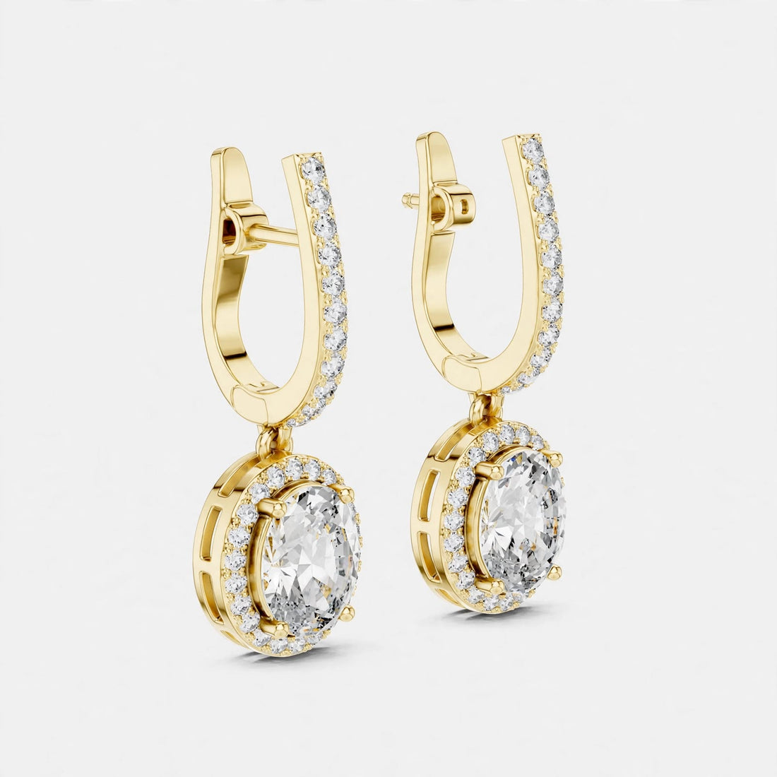 4.02CT Oval Lab Diamond Earrings in 18K Gold | Halo Dangle Design