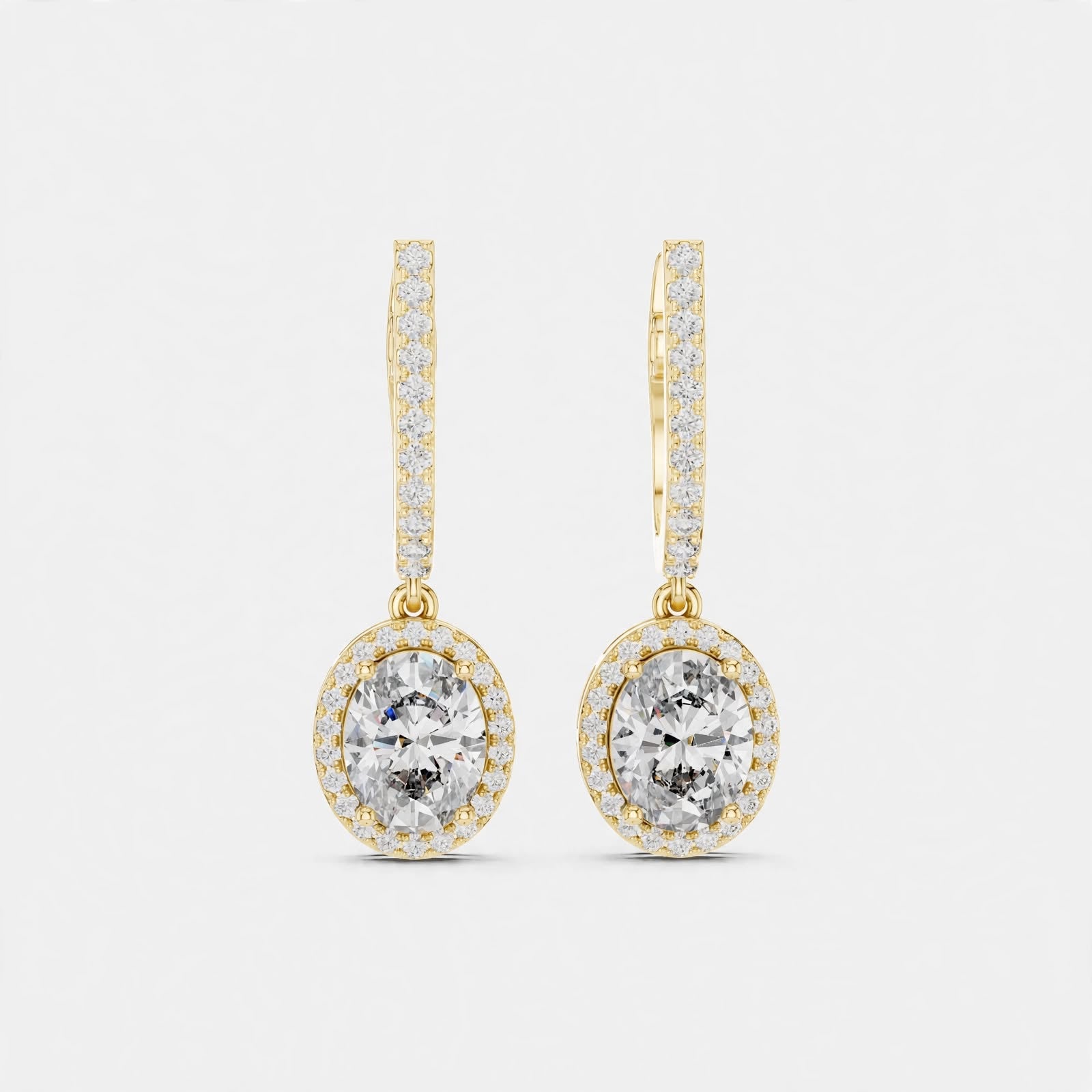 4.02CT Oval Lab Diamond Earrings in 18K Gold | Halo Dangle Design