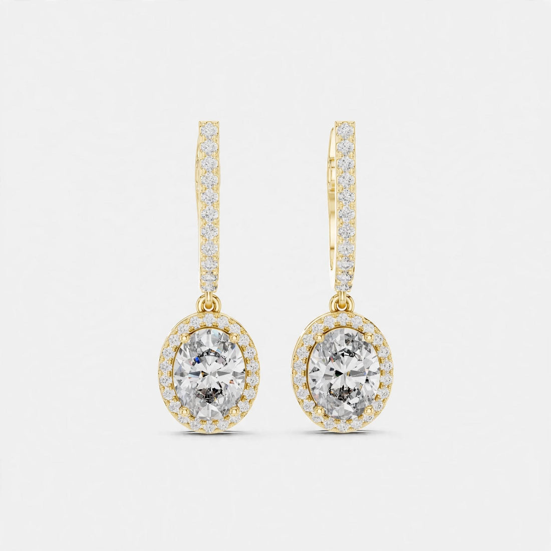 4.02CT Oval Lab Diamond Earrings in 18K Gold | Halo Dangle Design