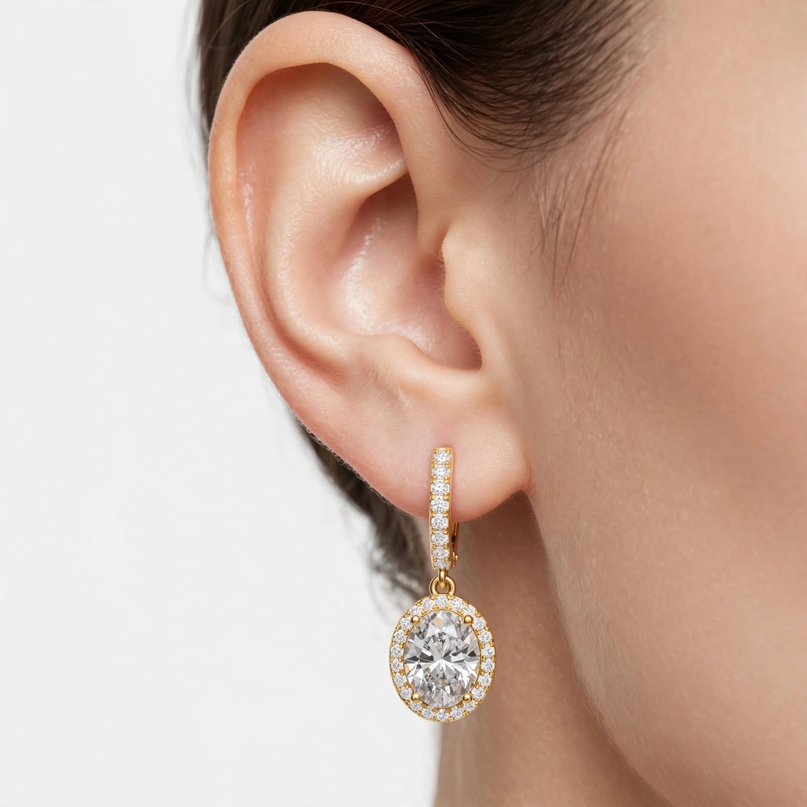4.02CT Oval Lab Diamond Earrings in 18K Gold | Halo Dangle Design