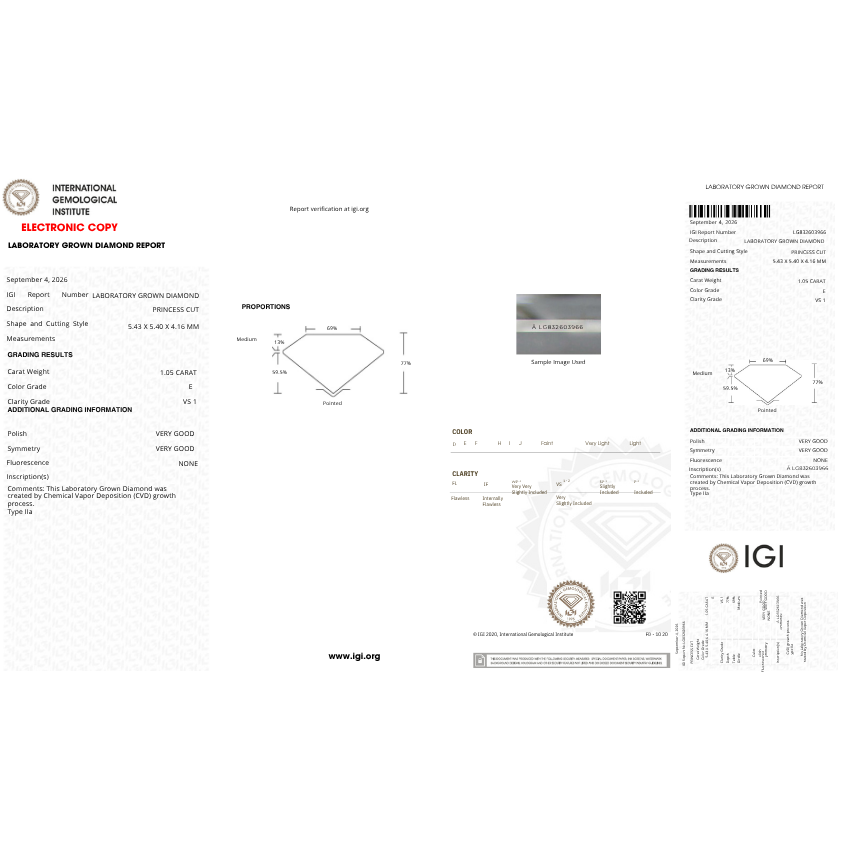 1.05 Carat Princess Cut Lab Grown Diamond – E Color VS1 Clarity