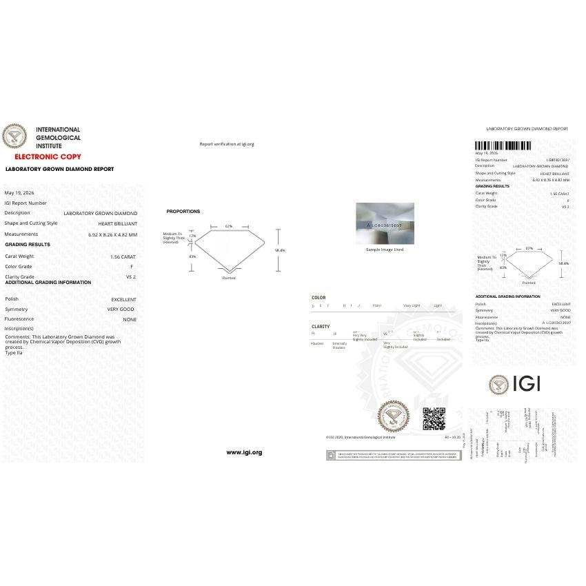 Mirano Jewels 1.56 Carat IGI Certified Heart Cut Lab Grown Loose Diamond F Color VS2 Clarity