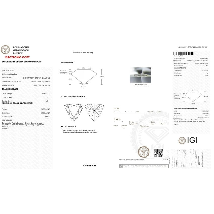 Mirano Jewels 1.51 Carat Triangle Lab Grown Diamond E Color VS1 Clarity Loose Diamond