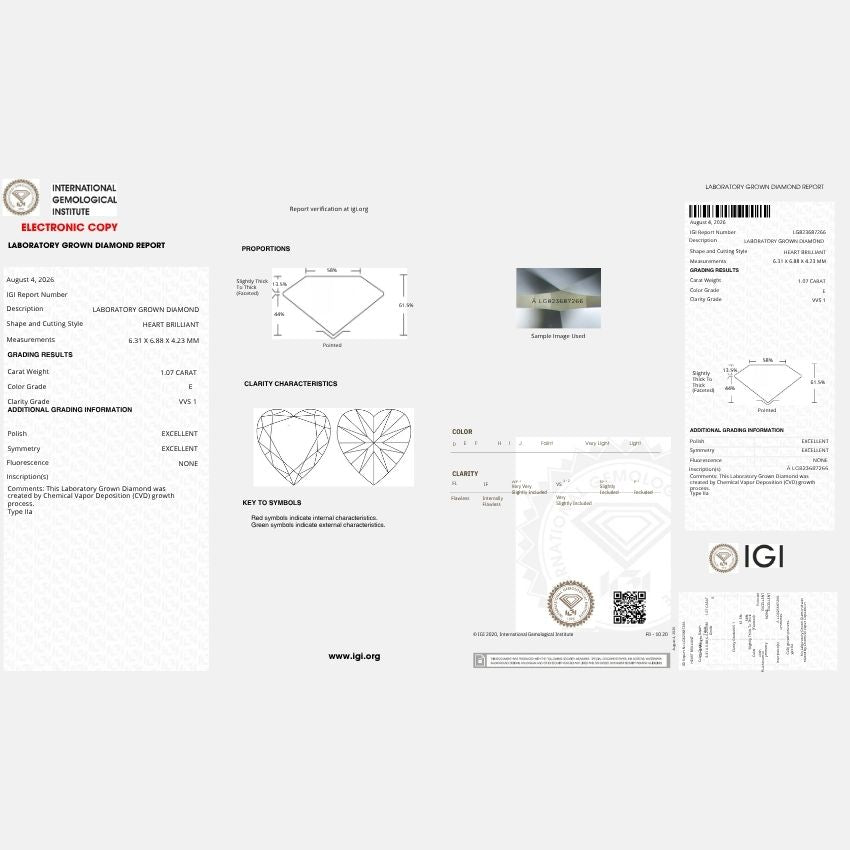 Mirano Jewels 1.07 Carat Heart Cut Lab Grown Diamond E Color VVS1 Clarity IGI Certified