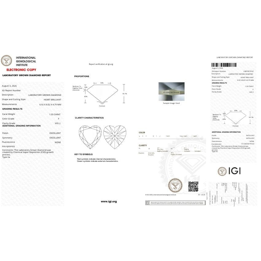 Mirano Jewels 1.55 Carat Heart Cut Lab Grown Diamond F Color VVS2 Clarity IGI Certified