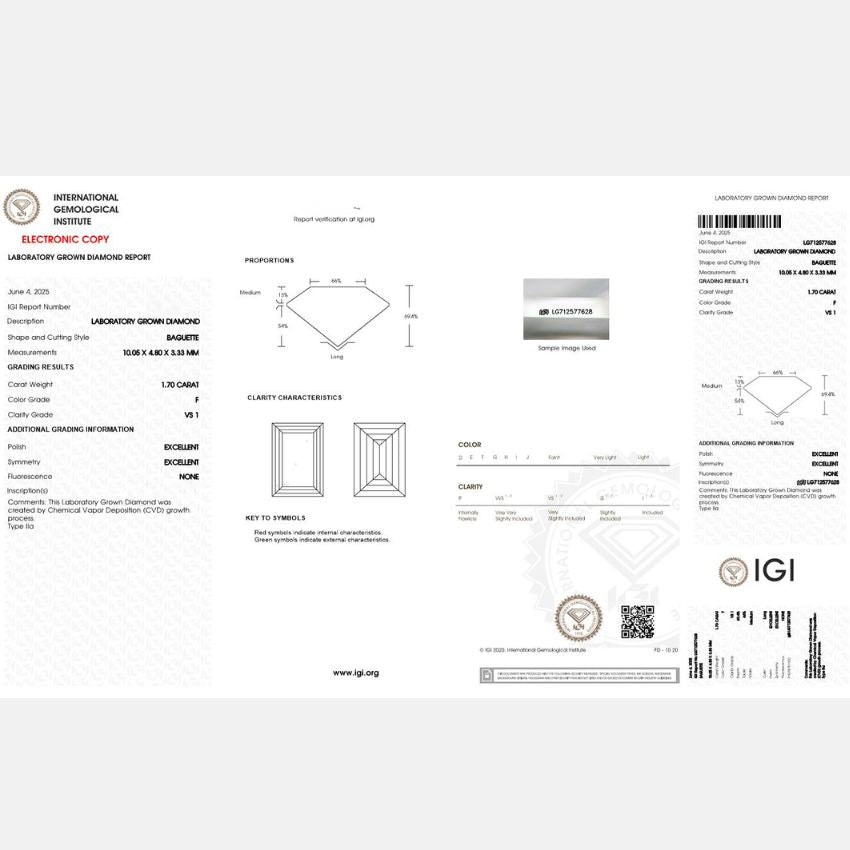Mirano Jewels 1.70 Carat F Color VS1 Clarity IGI Certified Baguette Lab Grown Loose Diamond