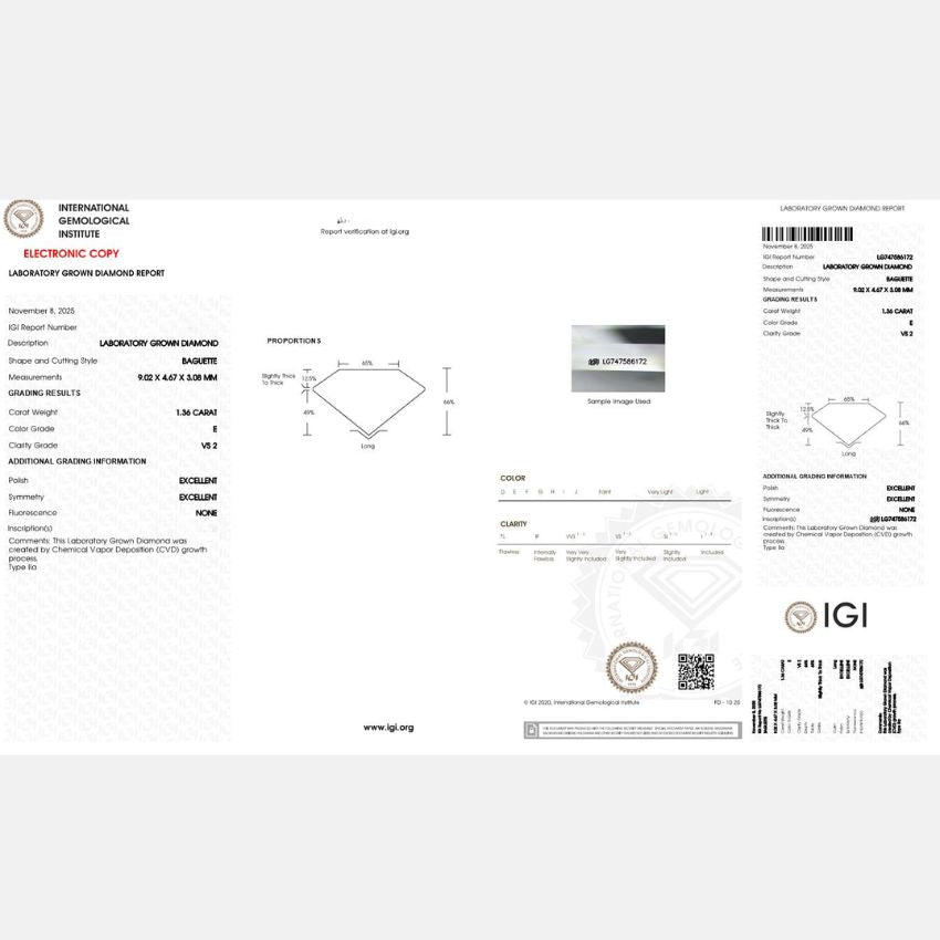 Mirano Jewels 1.36 Carat IGI Certified Baguette Cut Lab Grown Diamond E Color VS2 Clarity