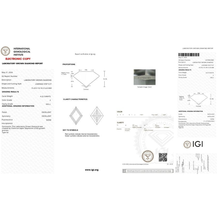 Mirano Jewels 4.22 Carat Lozenge Lab Grown Diamond F Color VVS2 Clarity IGI Certified