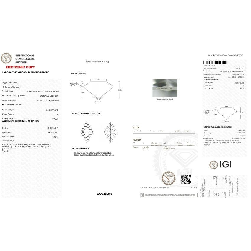 Mirano Jewels 2.08 Carat Lozenge Lab Grown Loose Diamond F Color VVS2 Clarity IGI Certified