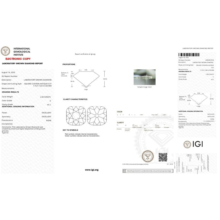 Mirano Jewels 2.04 Carat E Color VS2 Clarity Old Miner Lab Grown Loose Diamond IGI Certified