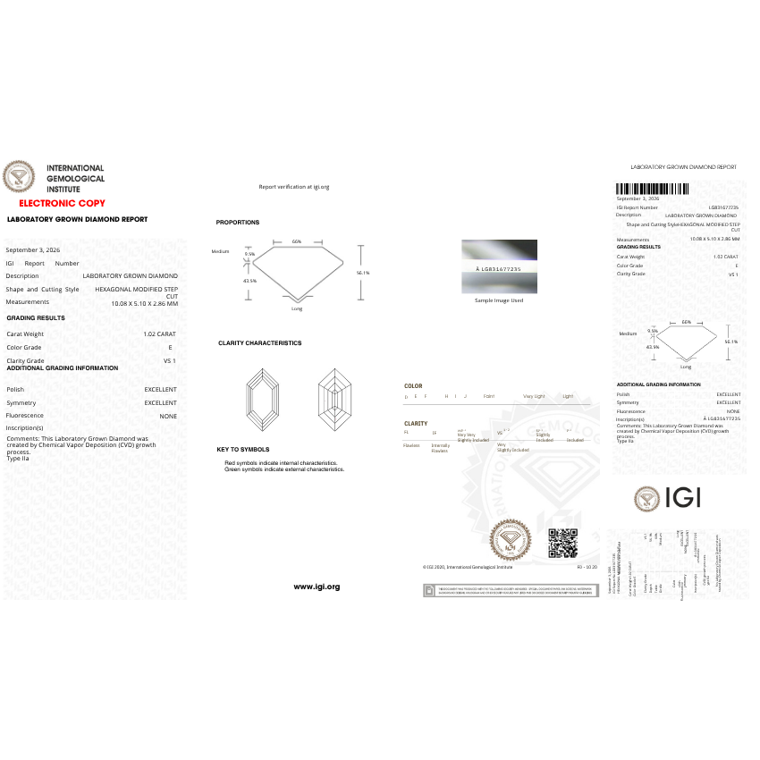 Mirano Jewels 1.02 Carat Lab Grown Hexagonal Diamond E Color VS1 Clarity IGI Certified