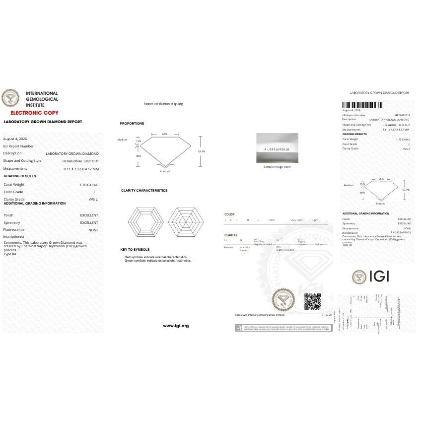 Mirano Jewels 1.70 Carat Hexagonal Lab Grown Diamond E Color VVS2 Clarity IGI Certified