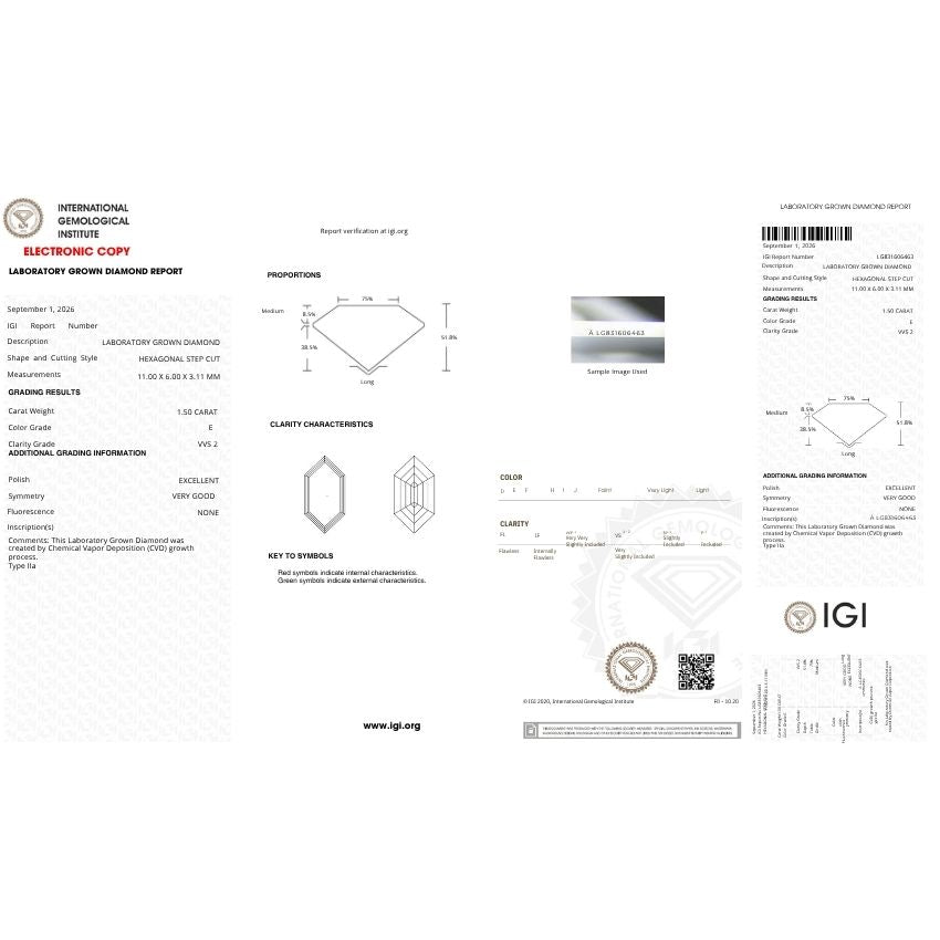 Mirano Jewels 1.50 Carat Hexagonal Lab Grown Loose Diamond E Color VVS2 Clarity IGI Certified
