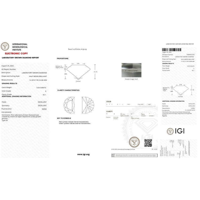 Mirano Jewels 3.03 Carat Half Moon Lab Grown Diamond E Color VS1 Clarity IGI Certified