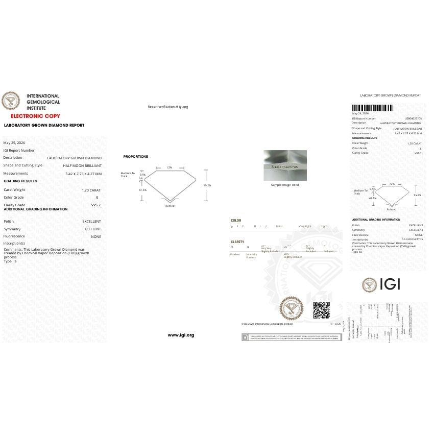 Mirano Jewels 1.20 Carat Half Moon Lab Grown Loose Diamond E Color VVS2 Clarity IGI Certified