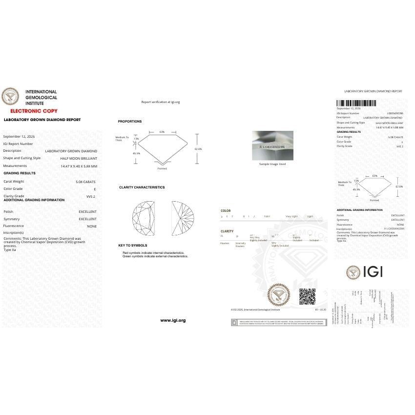 Mirano Jewels 5.08 Carat Half Moon Lab Grown Loose Diamond E Color VVS2 Clarity IGI Certified