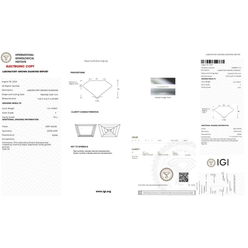 Mirano Jewels 1.01 Carat F Color VS2 Clarity Trapezoid Lab Grown Loose Diamond IGI Certified