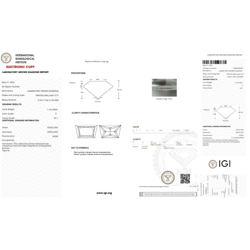 Mirano Jewels 1.10 Carat E Color VS1 Clarity Trapezoid Lab Grown Diamond IGI Certified