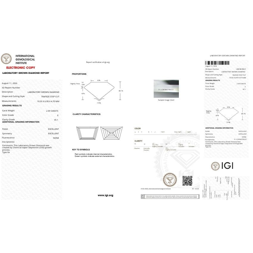 Mirano Jewels 2.59 Carat Trapezoid Lab Created Diamond E Color VS1 Clarity IGI Certified