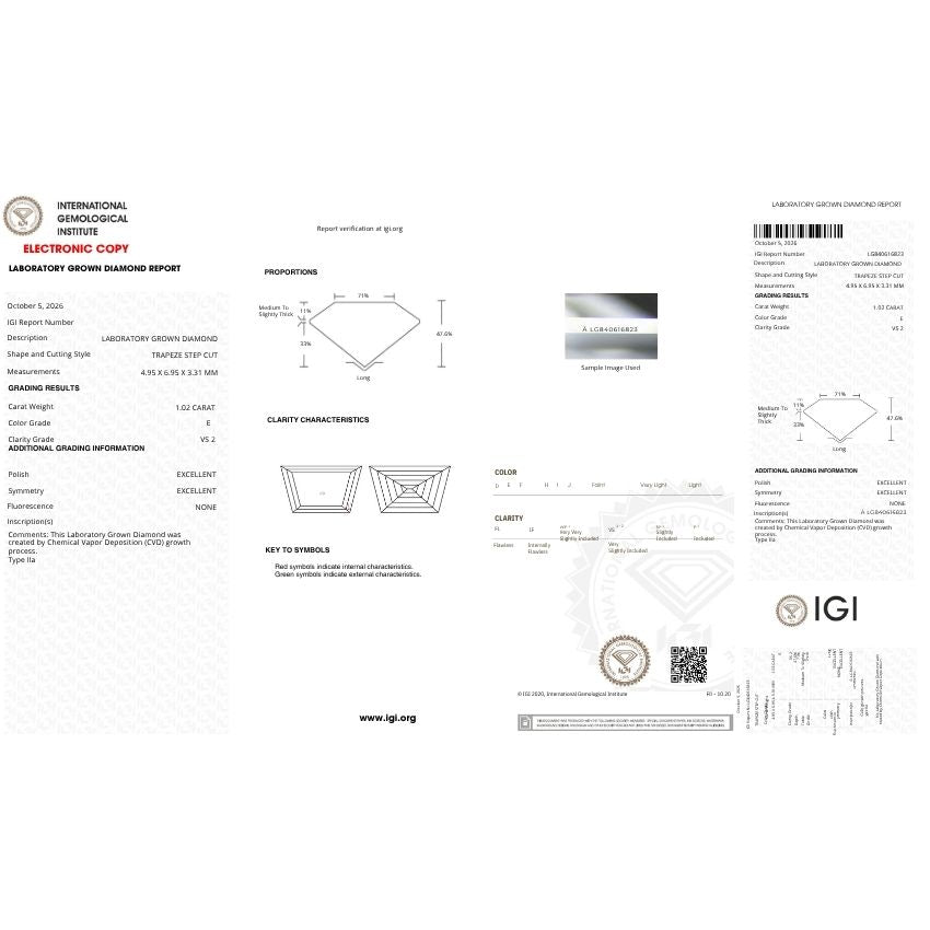 Mirano Jewels 1.02 Carat E Color VS2 Clarity Trapezoid Lab Grown Loose Diamond IGI Certified