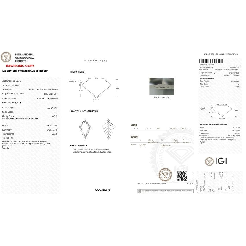 Mirano Jewels 1.07 Carat F Color VVS2 Clarity Kite Lab Grown Loose Diamond IGI Certified