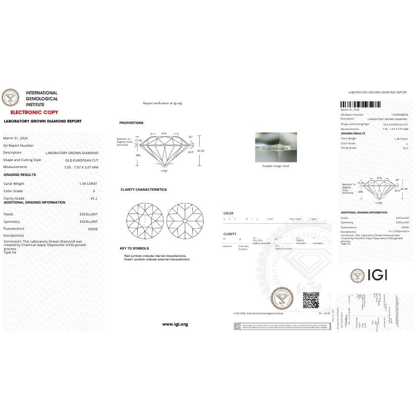 Mirano Jewels 1.34 Carat Eurocut Lab Grown Diamond E Color VS2 Clarity Loose Diamond