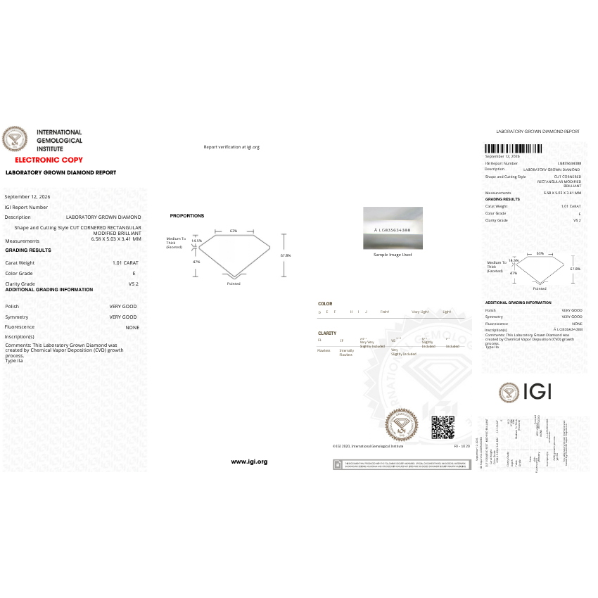 Mirano Jewels 1.01 Carat Radiant Cut Lab Created Diamond E Color VS2 Clarity IGI Certified