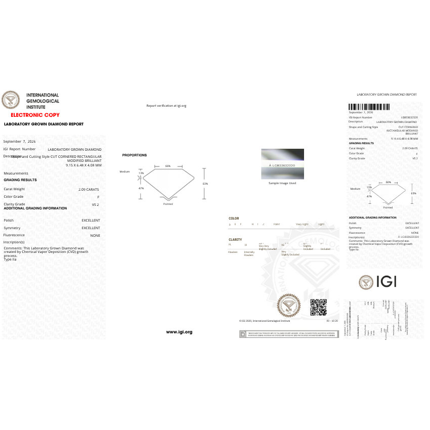Mirano Jewels 2.09 Carat IGI Certified Radiant Lab Grown Loose Diamond F Color VS2 Clarity
