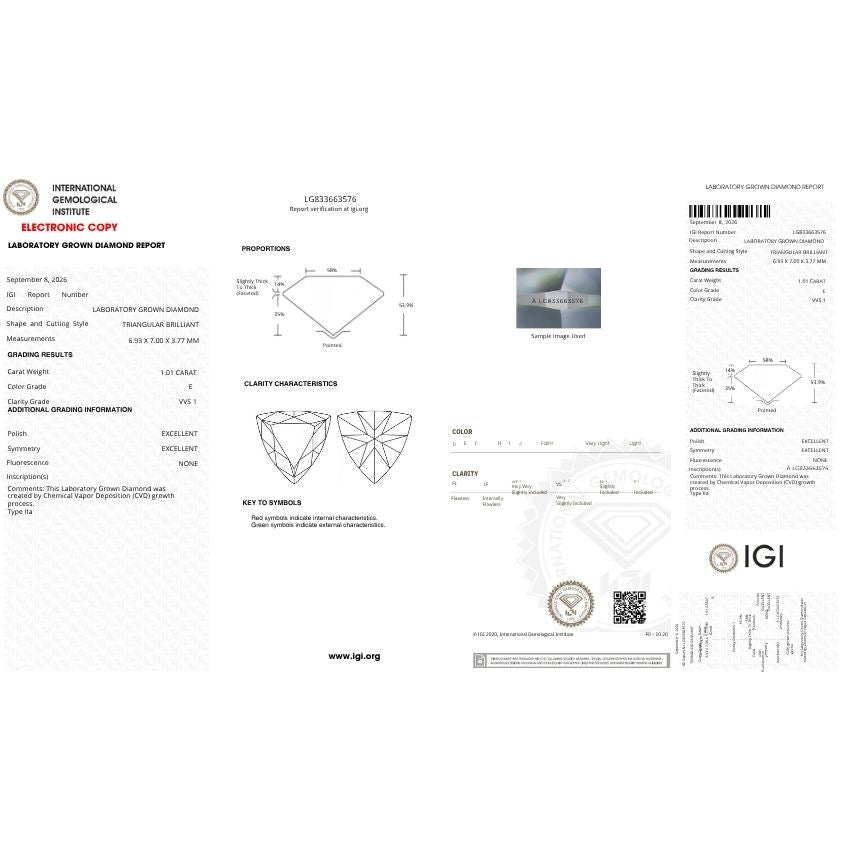 Mirano Jewels 1.01 Carat Triangle Cut Lab Grown Diamond E Color VVS1 Clarity IGI Certified