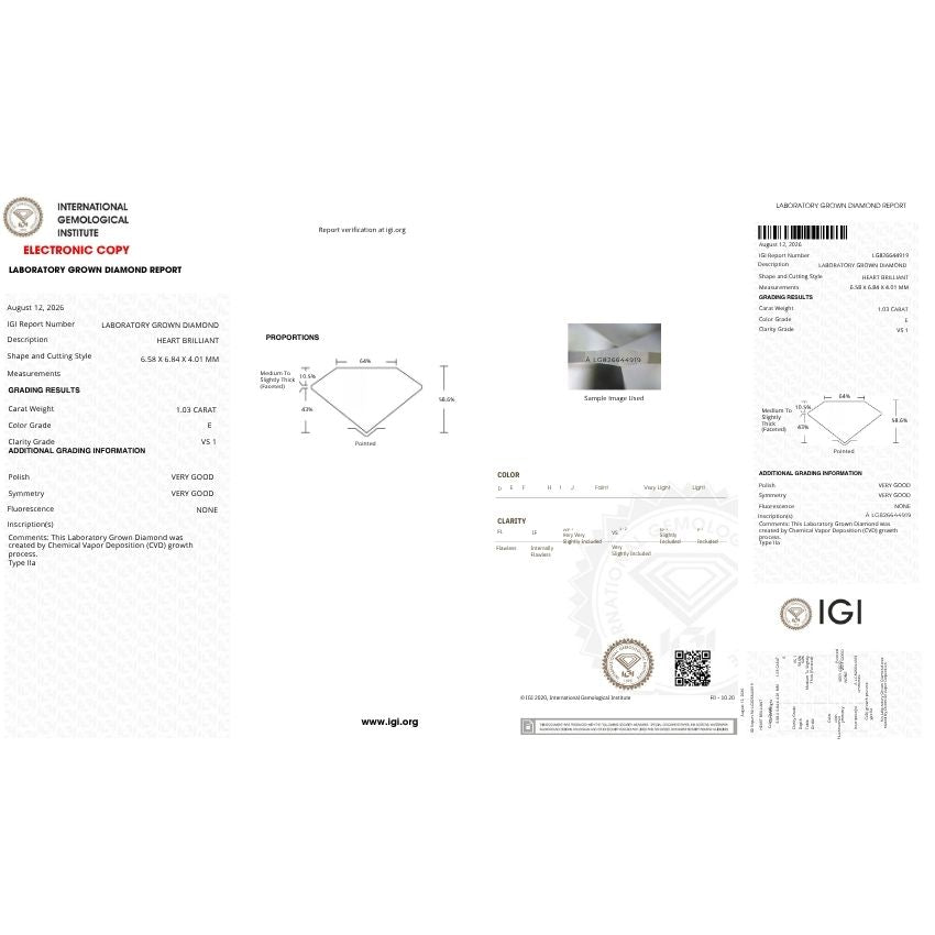 Mirano Jewels 1.03 Carat IGI Certified Heart Cut Lab Grown Diamond E Color VS1 Clarity