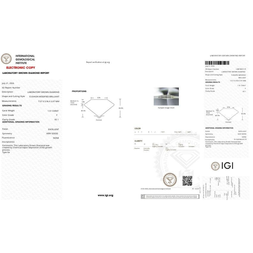 Mirano Jewels 1.51 Carat Cushion Brilliant Lab Created Diamond F Color VS1 Clarity IGI Certified