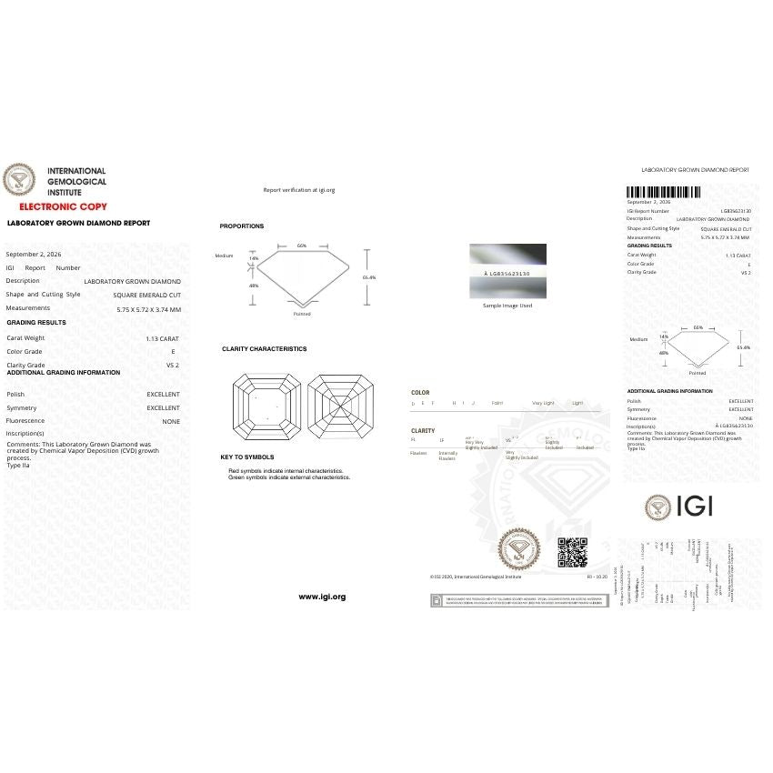 Mirano Jewels 1.13 Carat Lab Created Diamond Asscher Cut E Color VS2 Clarity IGI Certified