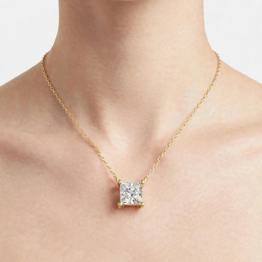 2.50 CT E Color VS1 Princess Cut Lab Diamond Pendant Necklace in 18K Gold