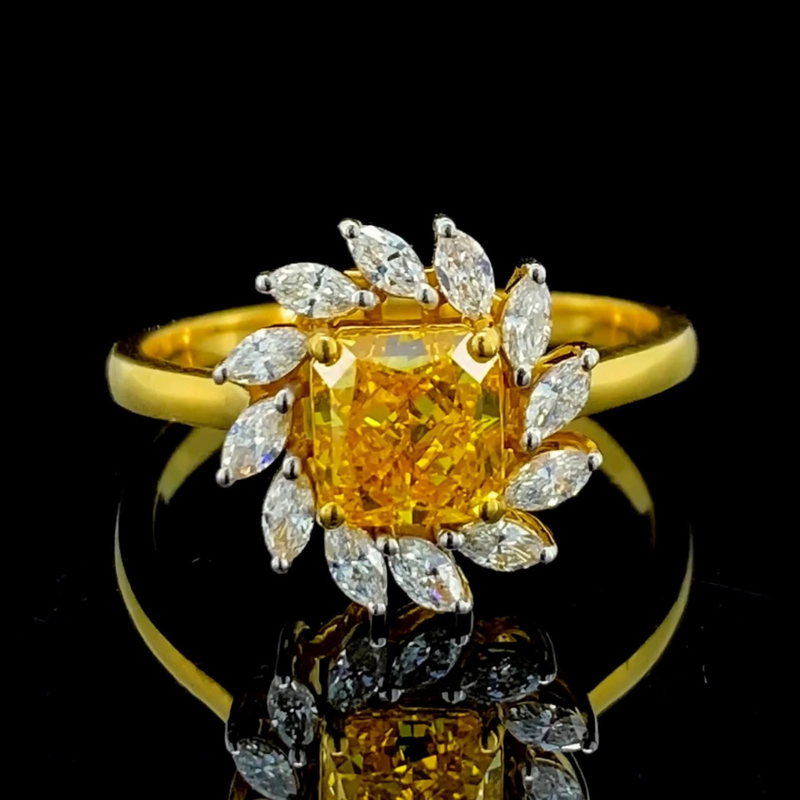Mirano Jewels TCW 2.72CT Fancy Vivid Yellow Diamond Halo Floral Ring 14K Gold