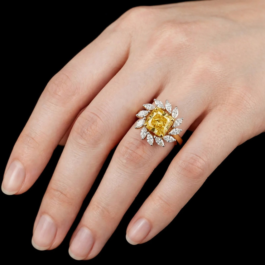 Mirano Jewels TCW 2.72CT Fancy Vivid Yellow Diamond Halo Floral Ring 14K Gold