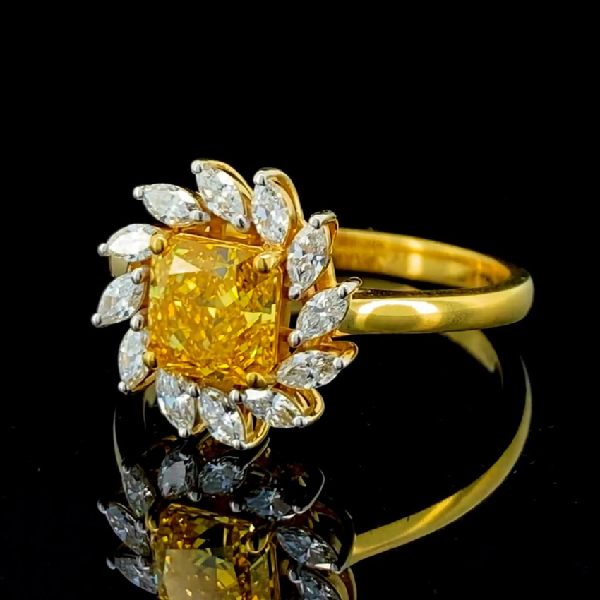 Mirano Jewels TCW 2.72CT Fancy Vivid Yellow Diamond Halo Floral Ring 14K Gold