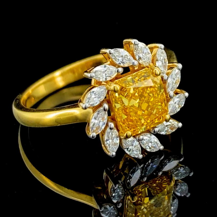 Mirano Jewels TCW 2.72CT Fancy Vivid Yellow Diamond Halo Floral Ring 14K Gold
