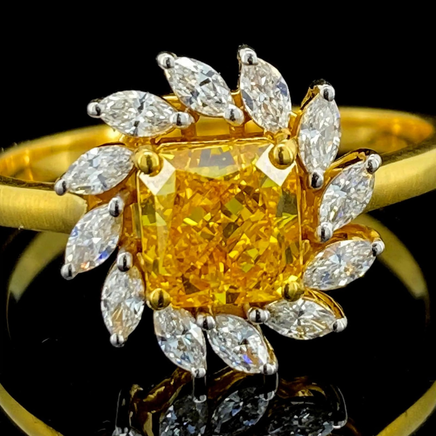 Mirano Jewels TCW 2.72CT Fancy Vivid Yellow Diamond Halo Floral Ring 14K Gold