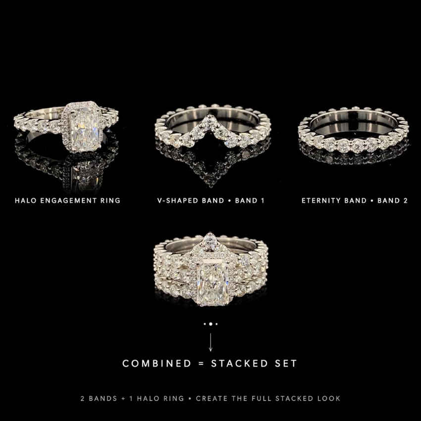 Mirano Jewels TCW 7.21 CT Lab Grown Diamond Halo and Band 3 Ring Stack 14K Gold