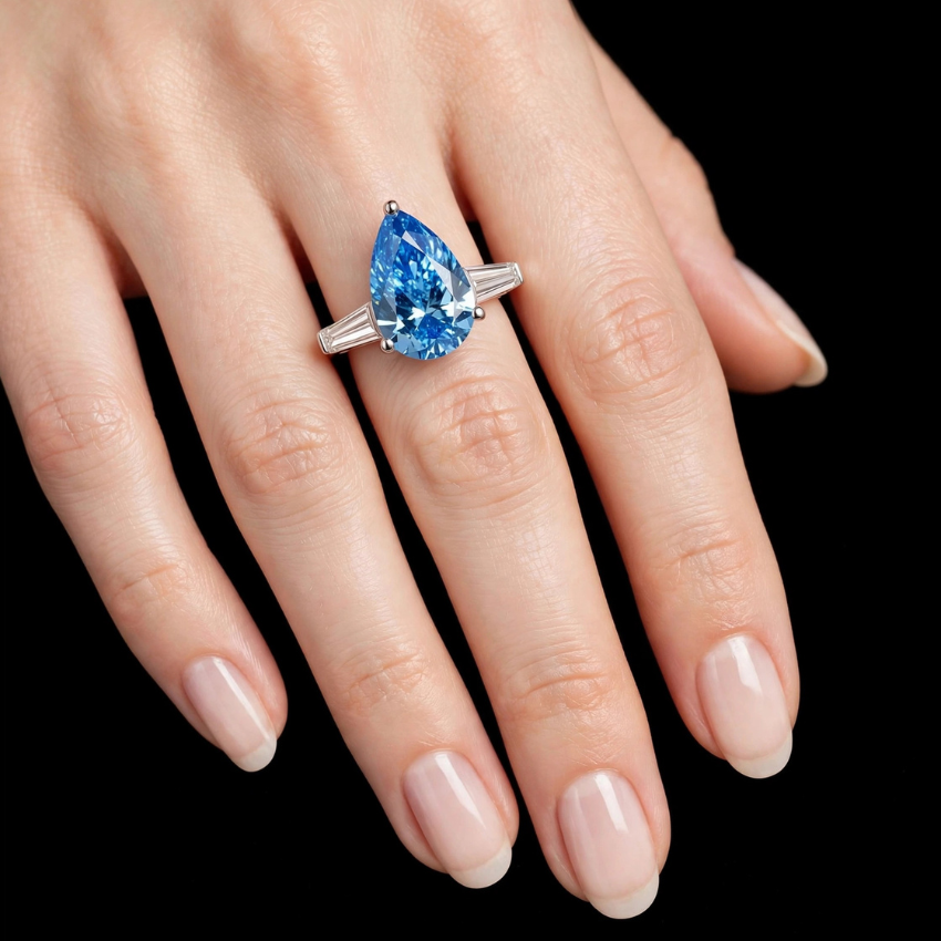 Mirano Jewels TCW 7.04CT Pear Cut Vvid Blue Diamond Ring in 14K Gold