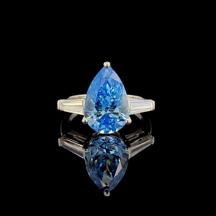 Mirano Jewels TCW 7.04CT Pear Cut Vvid Blue Diamond Ring in 14K Gold