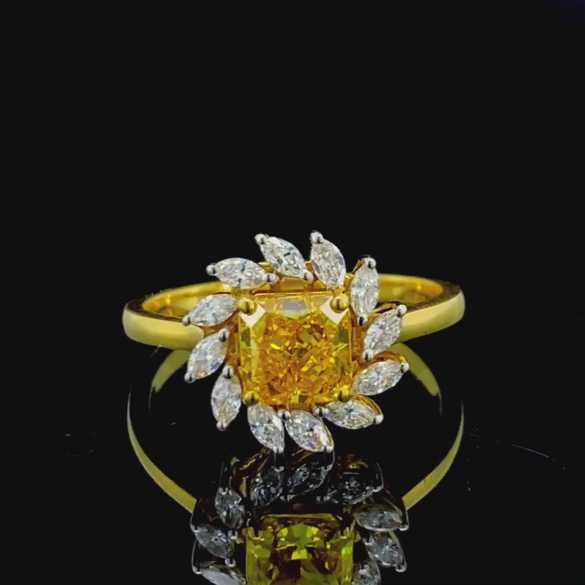 Mirano Jewels TCW 2.72CT Fancy Vivid Yellow Diamond Halo Floral Ring 14K Gold